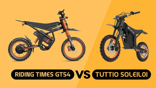 Side-by-side comparison of Riding Times GT54 and Tuttio Soleil01 electric dirt bikes on orange background