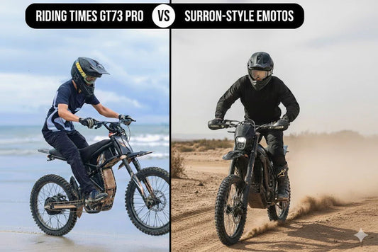 A camparison image of the ridingtimes gt73 pro and surron emoto 