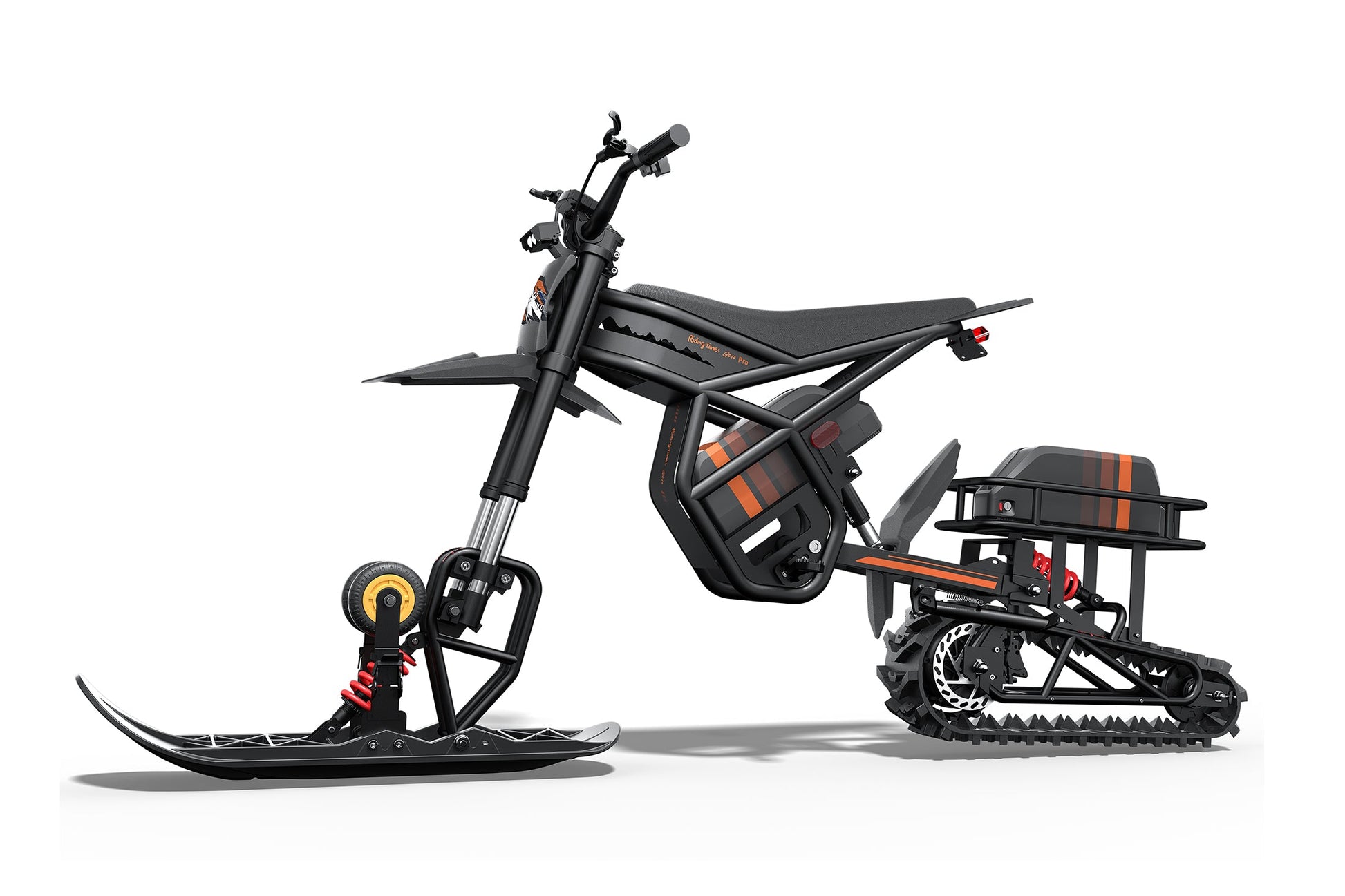 Black and orange snow bike with tracks on a white background