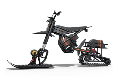 Black and orange snow bike with tracks on a white background
