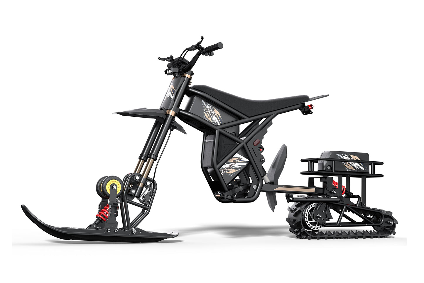 Black off-road vehicle with tracks on a white background