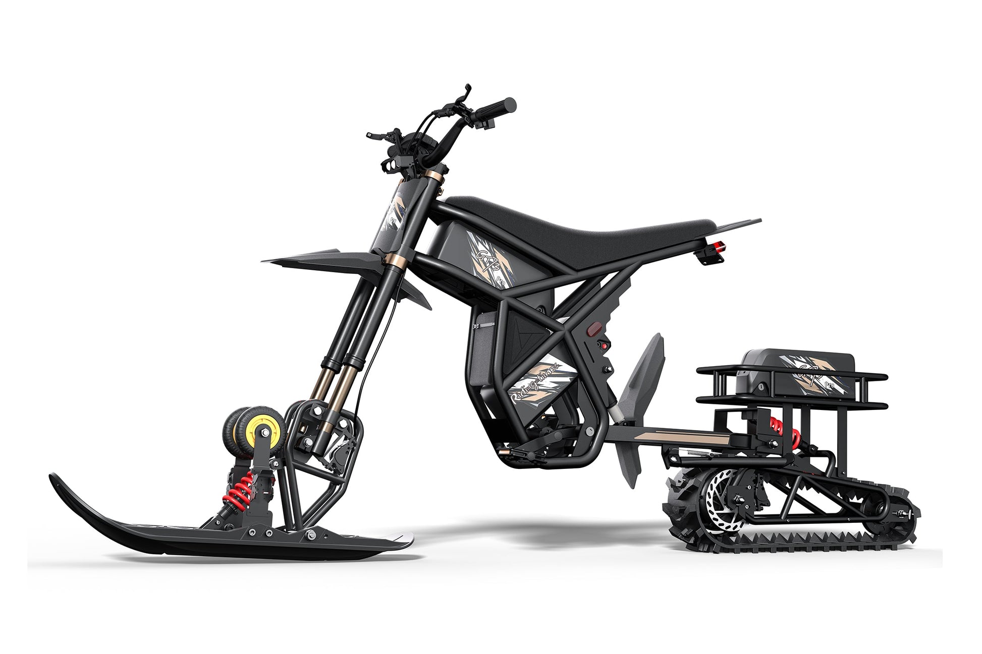 Black off-road vehicle with tracks on a white background