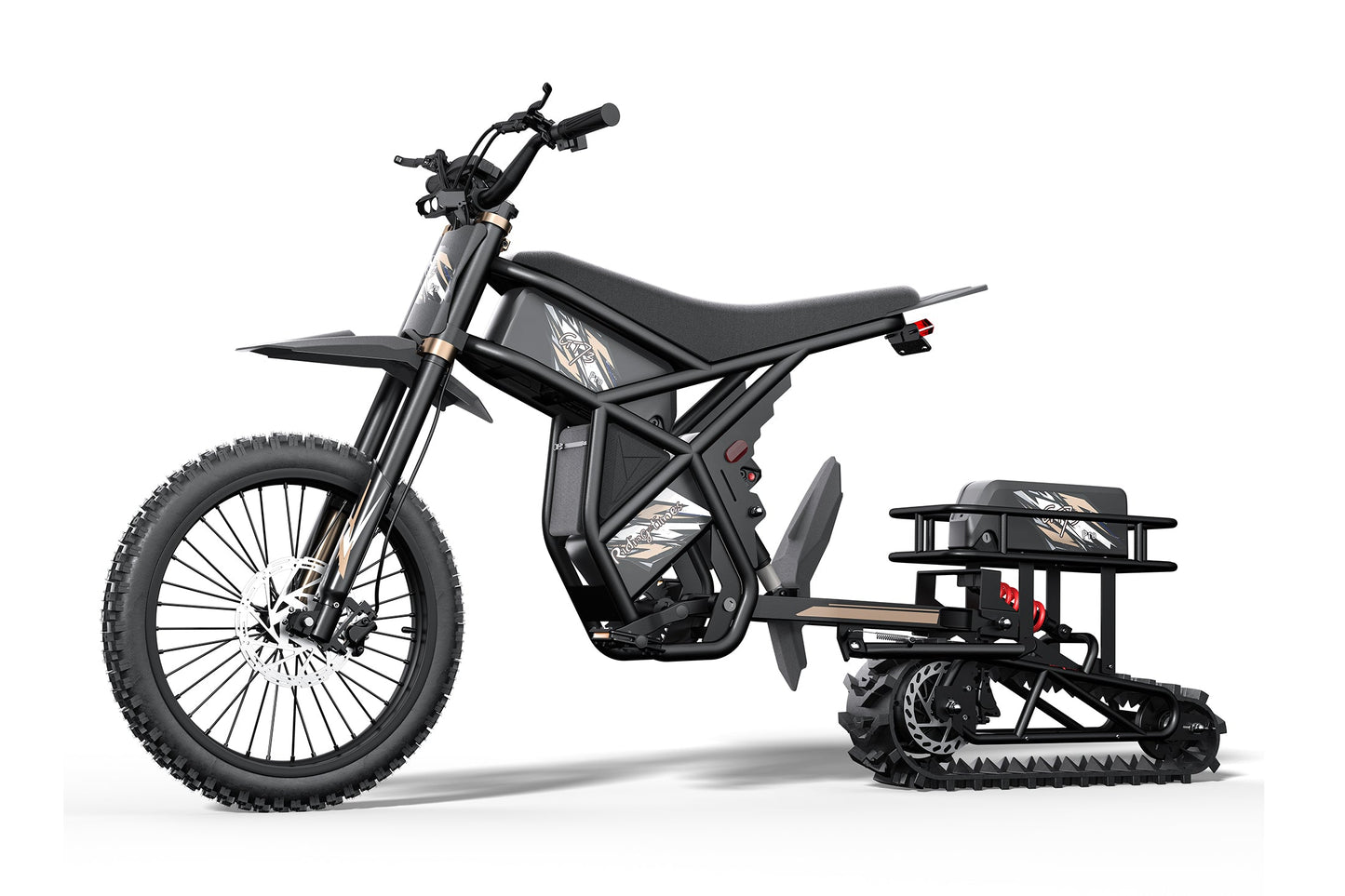 Black off-road vehicle with tracks on a white background