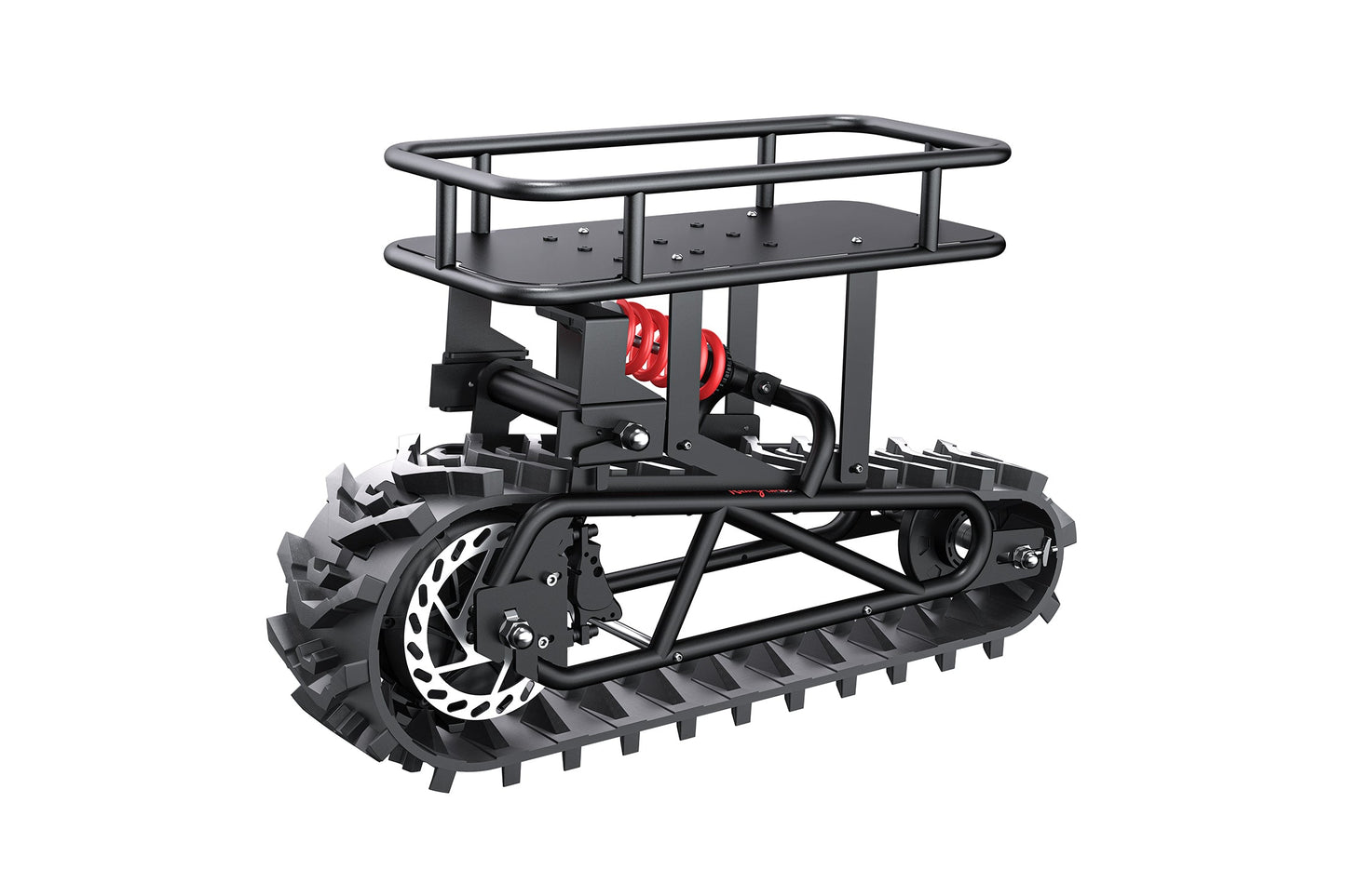 Black tracked vehicle chassis with a platform on a white background