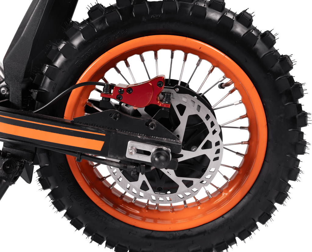 Close-up of GT54 electric mini motorbike rear wheel with orange rim and disc brake system