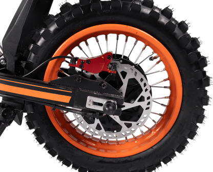 Close-up of GT54 electric mini motorbike rear wheel with orange rim and disc brake system