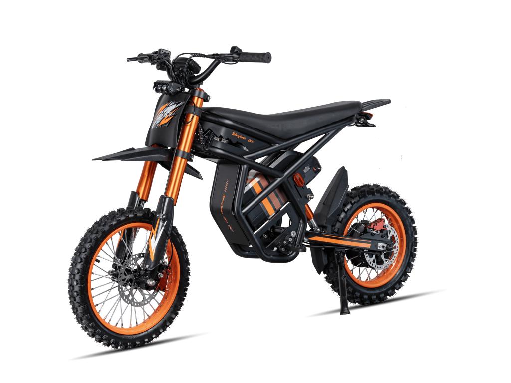 GT54 electric mini motorbike with 2000W motor, black and orange off-road design for kids and adults