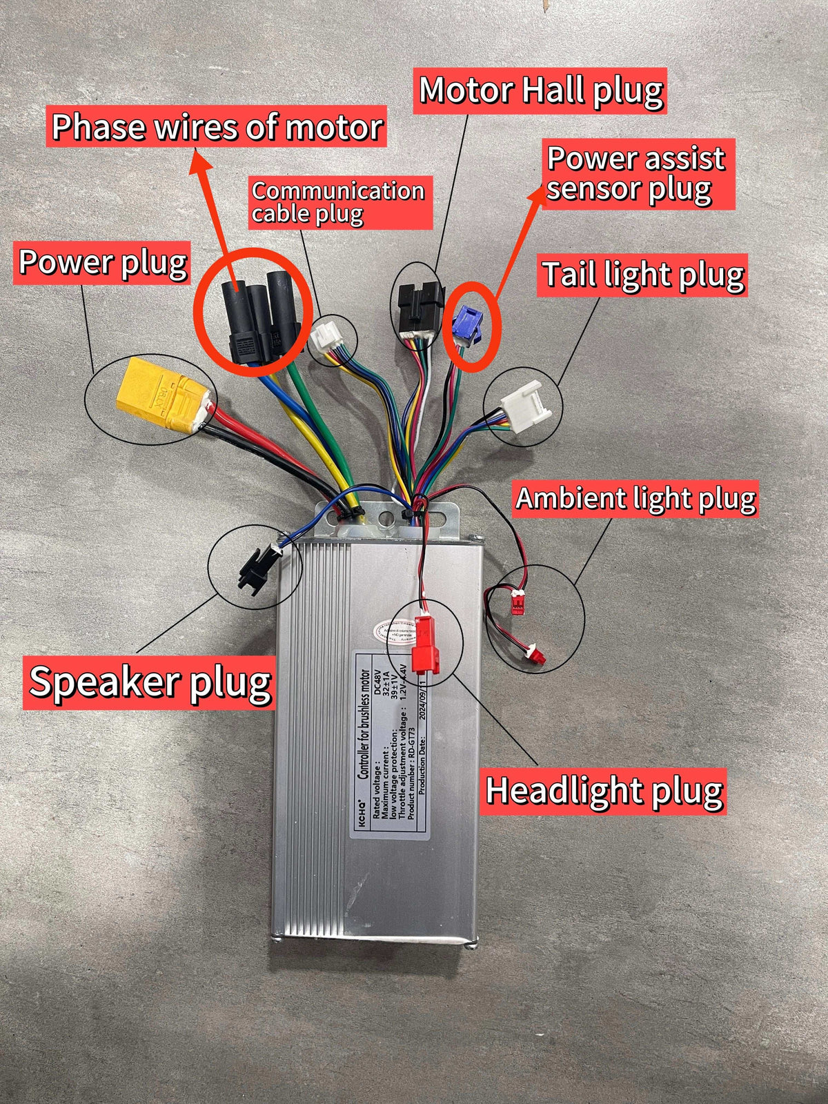 Controller with multiple colored wires and labeled plugs including power, speaker, phase wires, motor hall, power assist sensor, tail light, ambient light, and headlight plugs