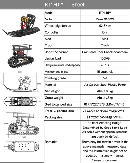 Technical specifications sheet for RT1-DIY model with diagrams and text.